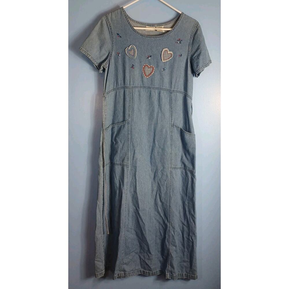 Bobby Brooks Vintage Denim Dress Hearts Patches Floral Red White Blue Size 4/6
